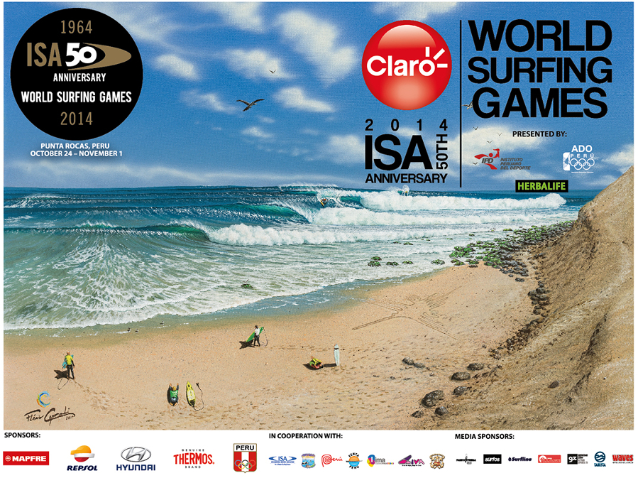 Poster Oficial de los ISA 50th Anniversary World Surfing Games, que se llevarán a cabo en Perú del 24 de Octubre al 1 de Noviembre en el point break de clase mundial Punta Rocas.
